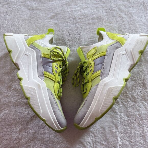 H&M Womens Sz 6 Neon Green Highlighter Lace Up Chunky Style Trainers Sneakers - Picture 4 of 7
